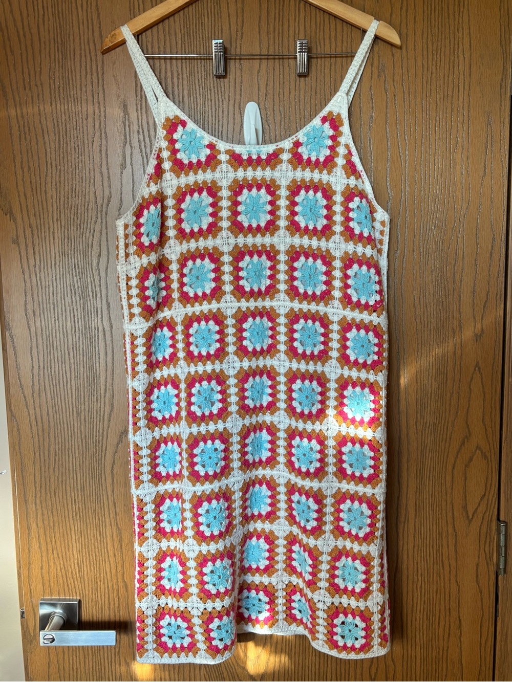 Crochet Granny Square Slip Dress in Aqua, Pink, Tan & Cream